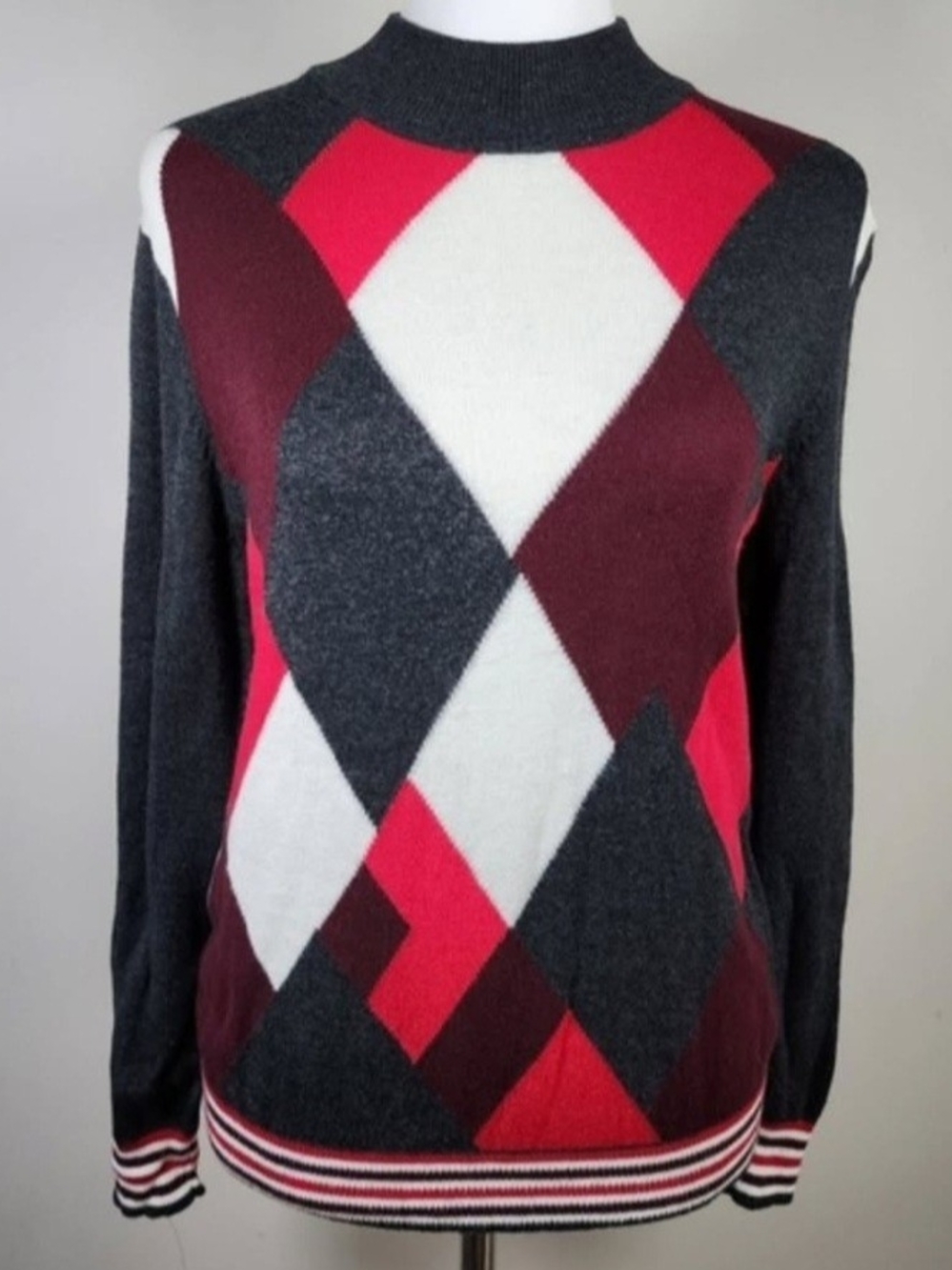Vintage Women's Argyle Mock Neck Sweater - Charcoal, Red, White